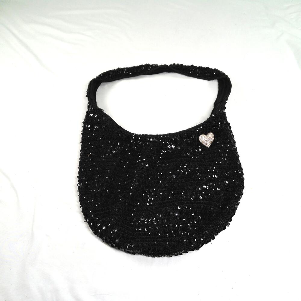 Black Sequin Hobo Shoulder Bag Rhinestone Heart Accent Zipper Top Evening Purse